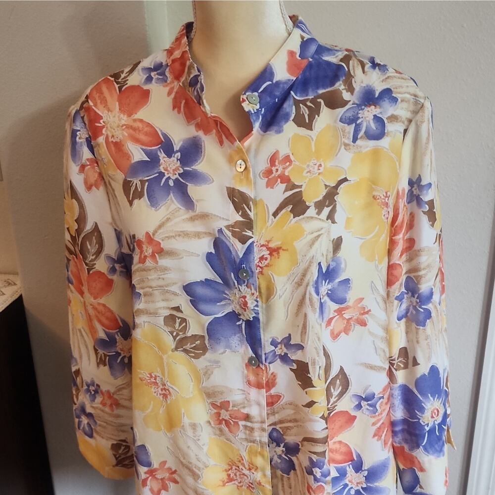 Alfred Dunner Floral Button-Up Collared Blouse Multicolor 3/4 Sleeve Size 18